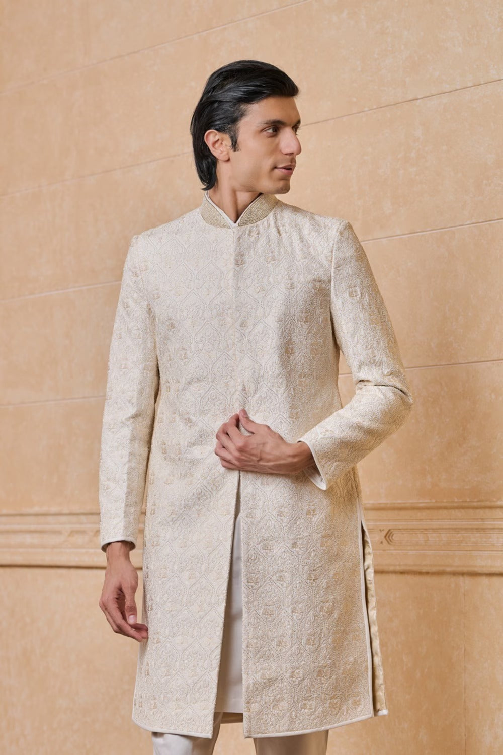 Ivory Resham And Pearl Embroidered Sherwani