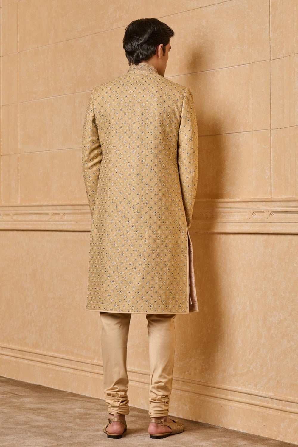 Gold Brocade Sherwani With Kundan Details