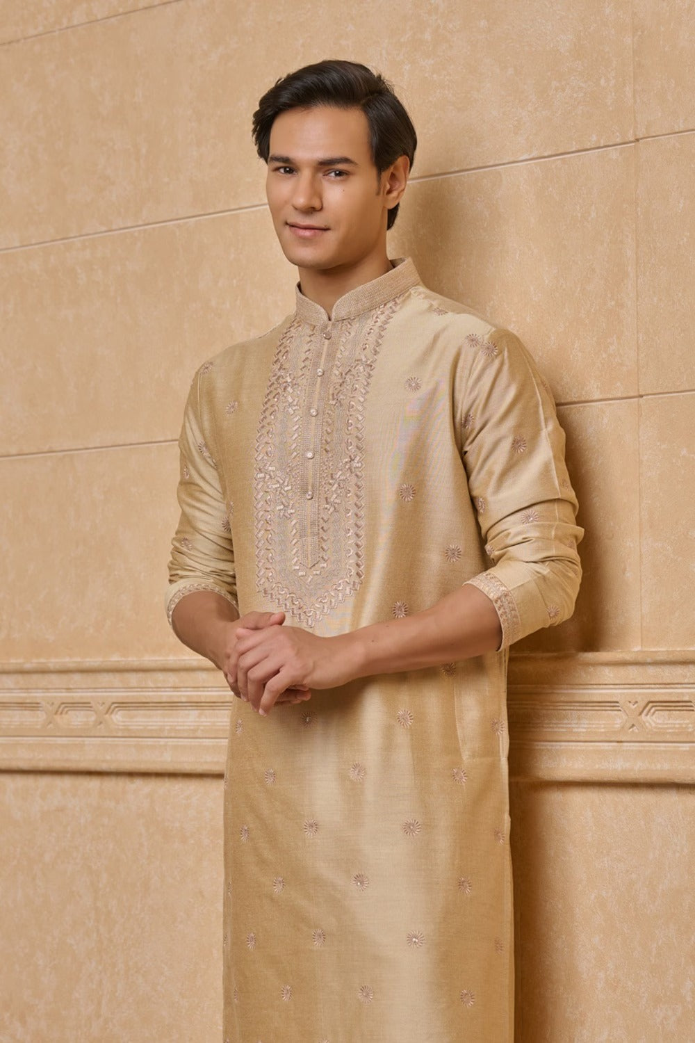 Beige All Over Embroidered Kurta Set