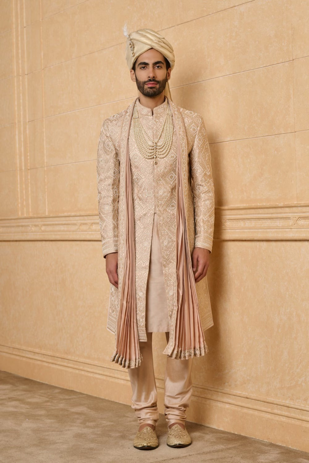 Resham and Zari Aari Embroidered Nude Sherwani