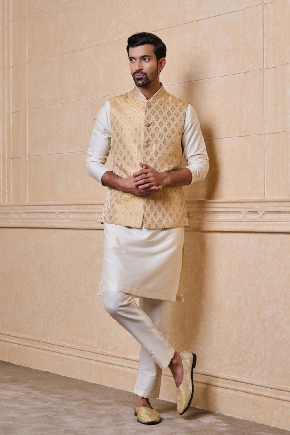 Gold Brocade Kurta Bundi Set