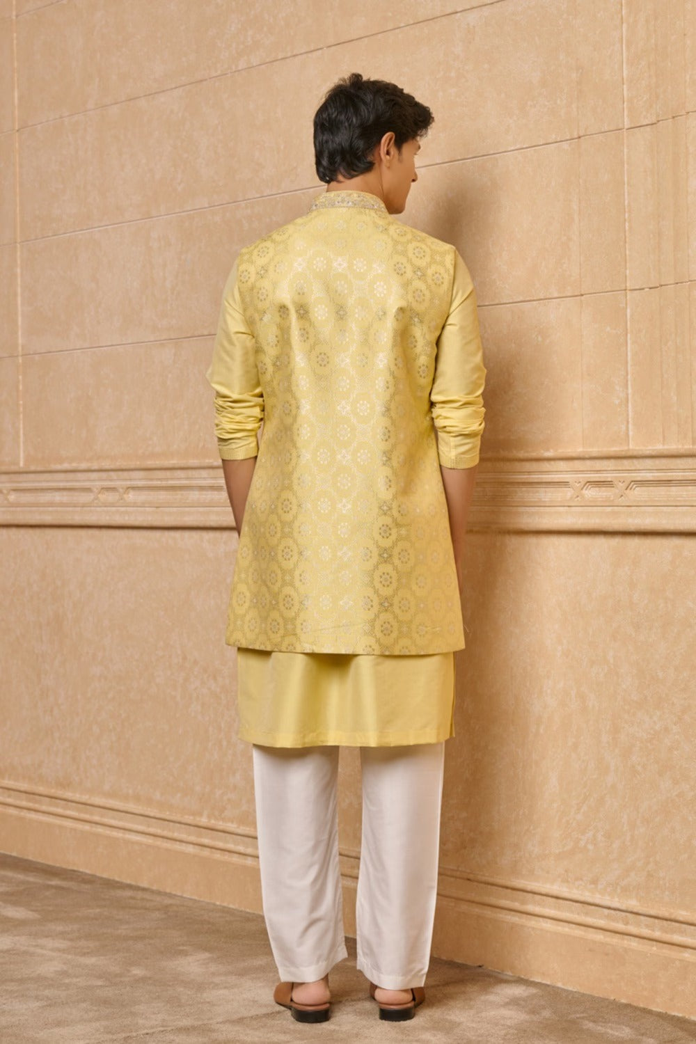 Yellow Long Open Kurta Bundi Set