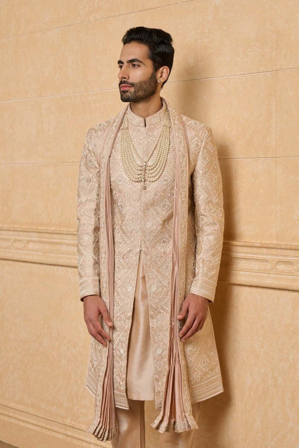 Resham and Zari Aari Embroidered Nude Sherwani