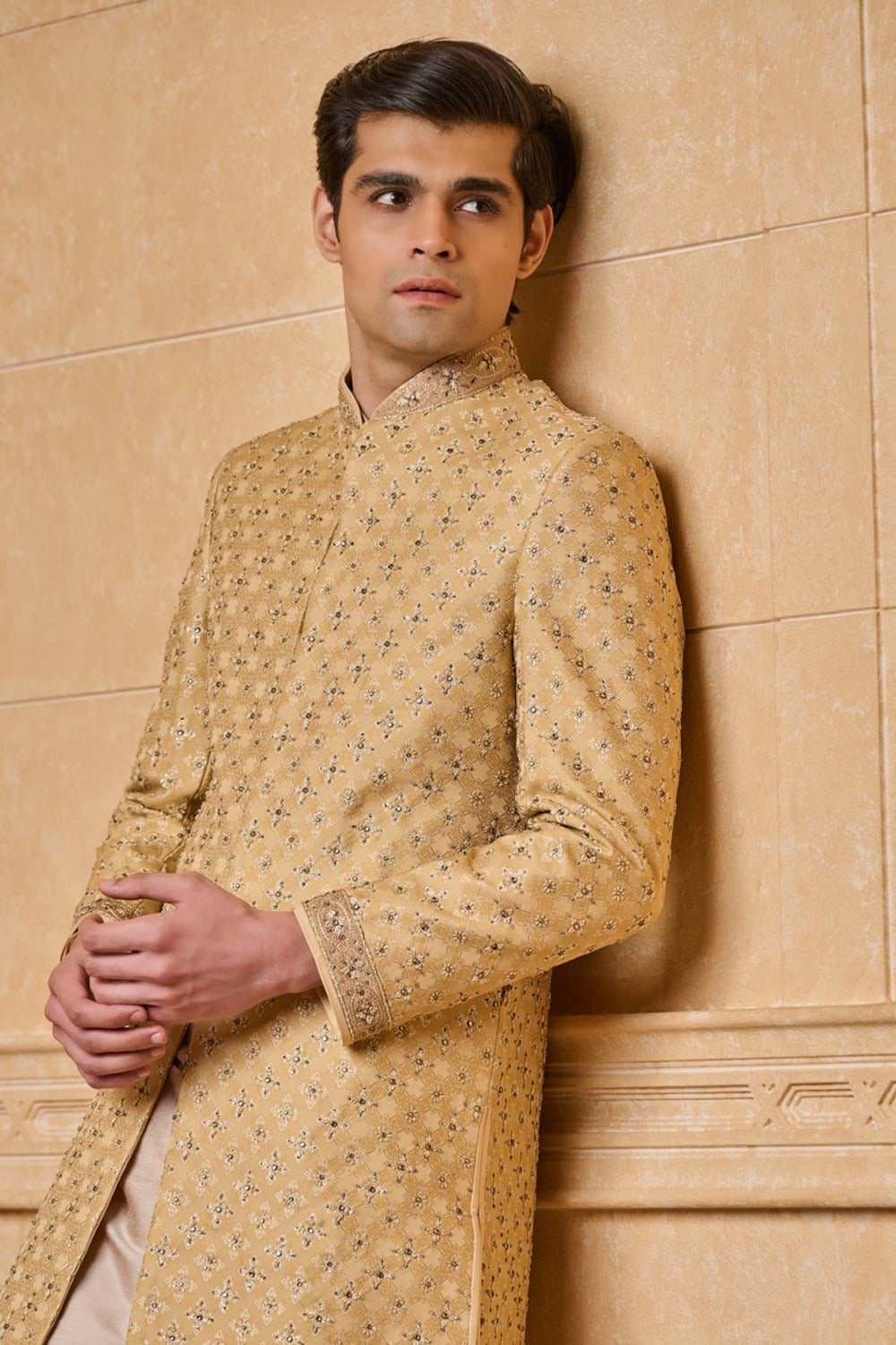 Gold Brocade Sherwani With Kundan Details