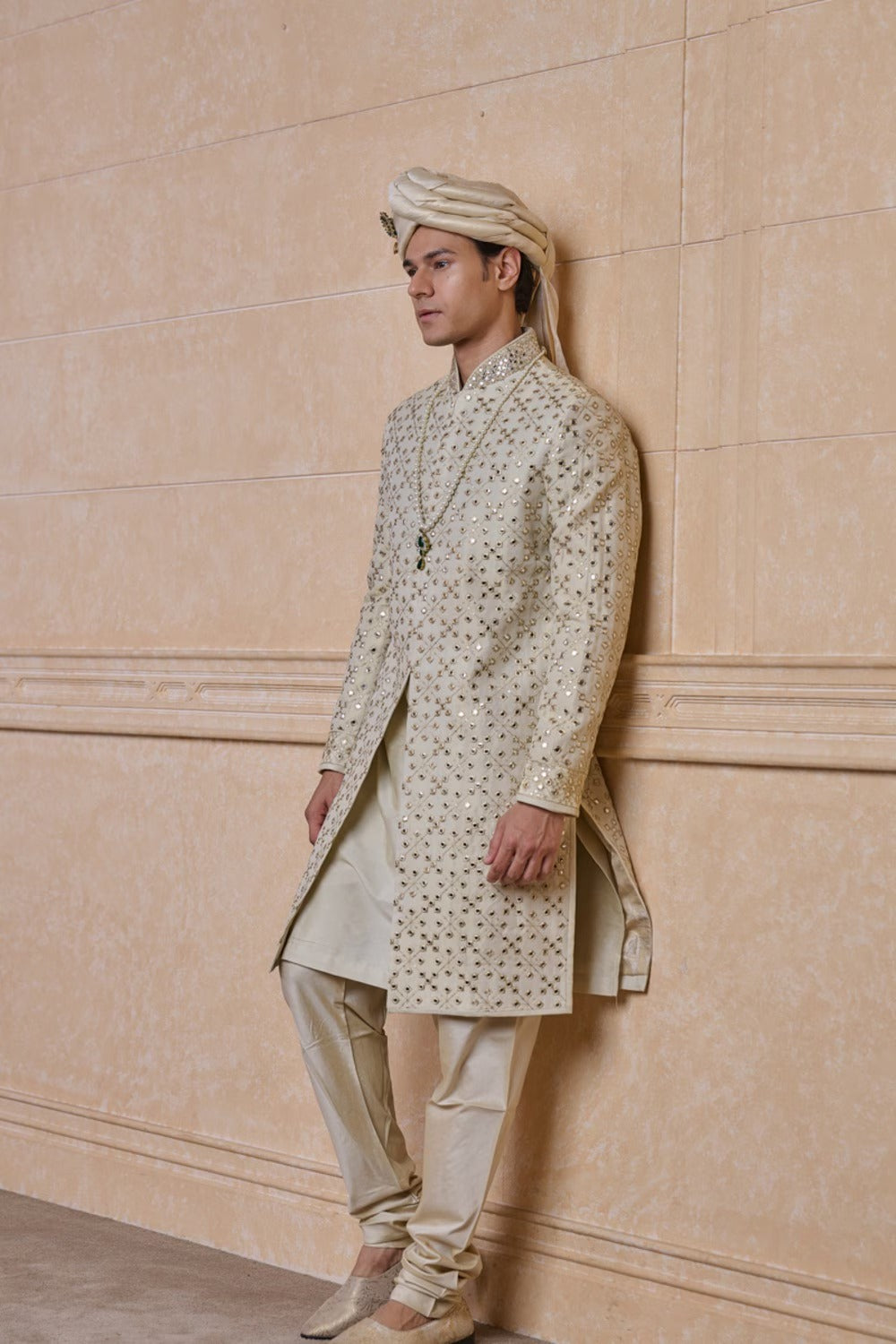 Gold Sherwani With Patra Embroidery Detailing