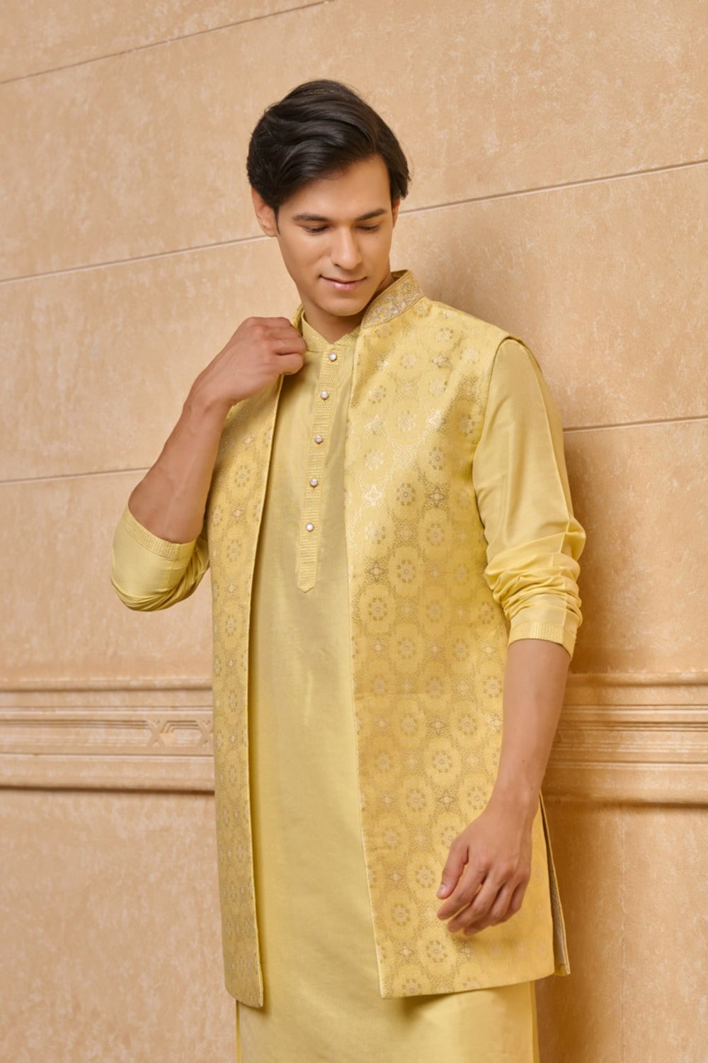 Yellow Long Open Kurta Bundi Set