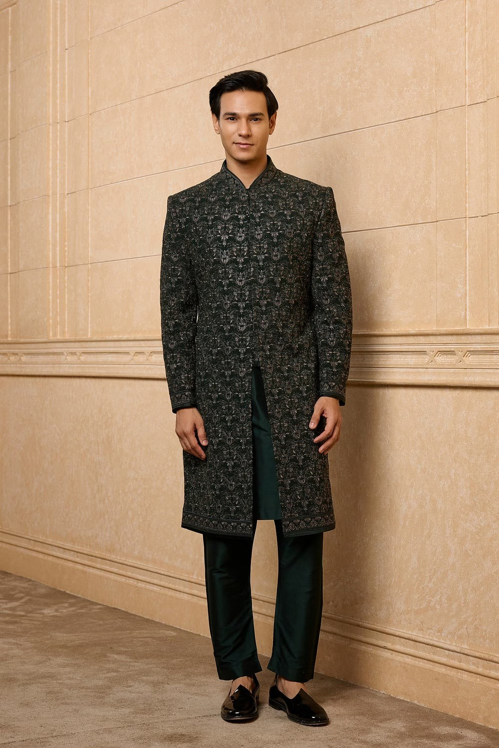 Black Tonal Floral Sherwani Set