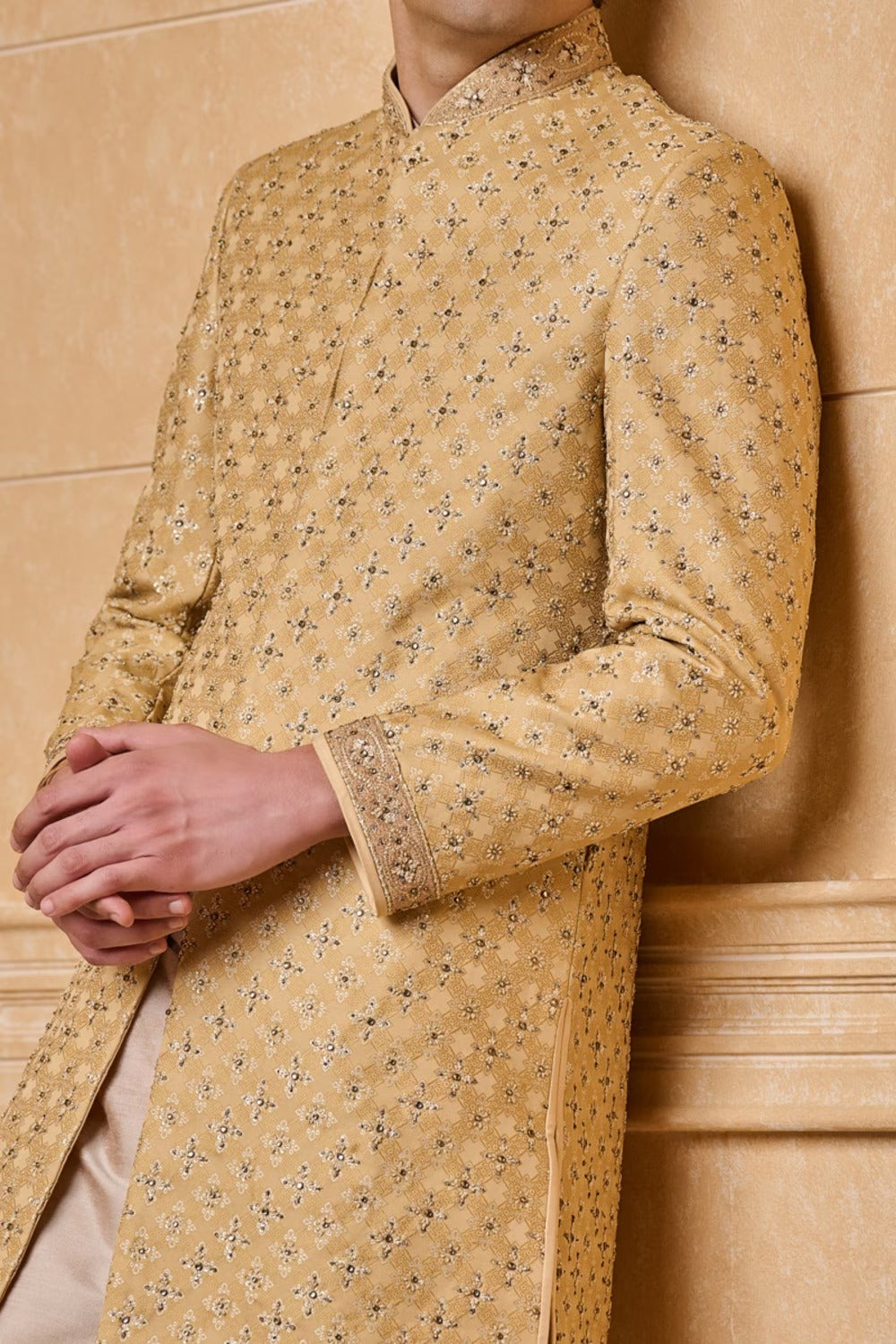 Gold Brocade Sherwani With Kundan Details