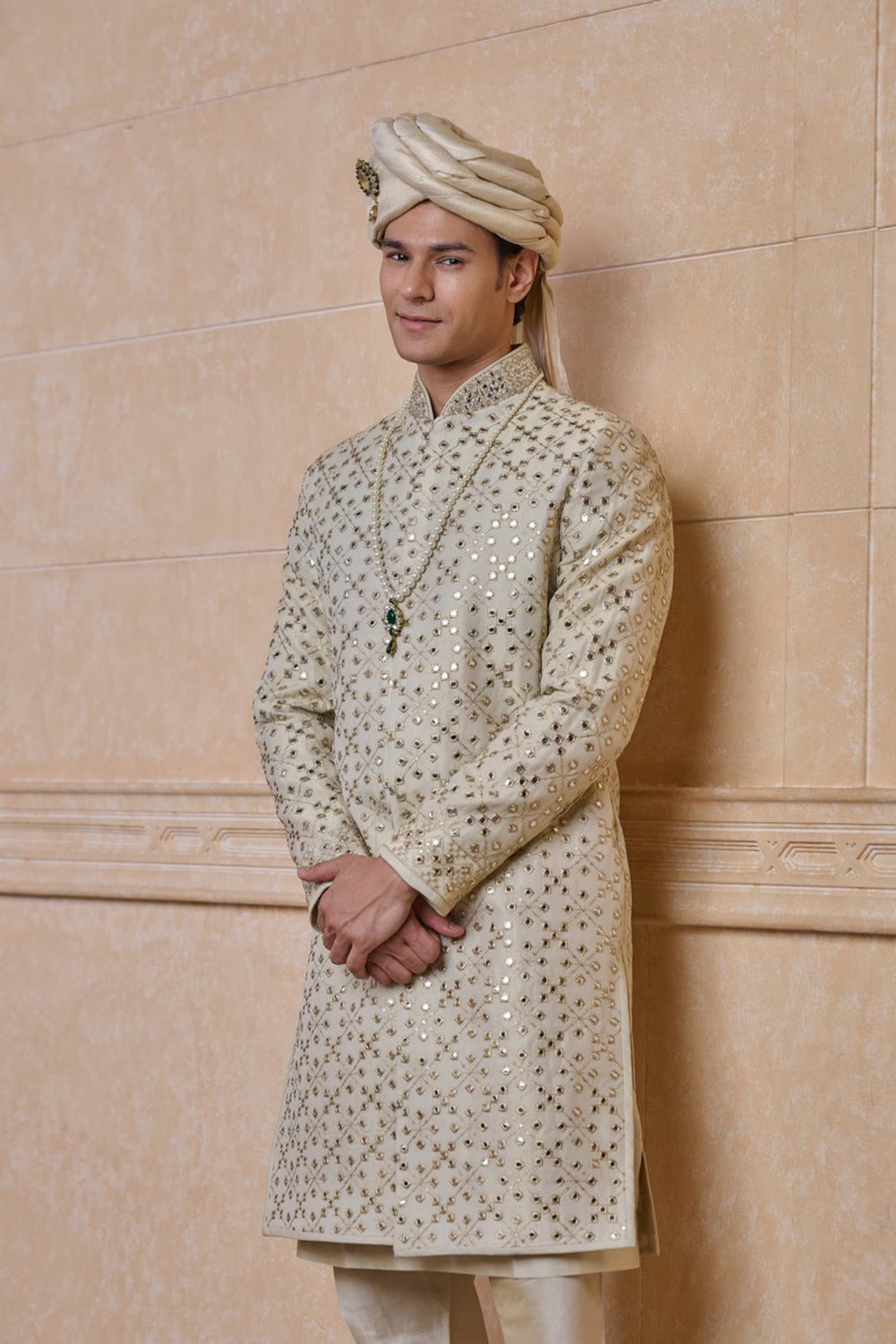 Gold Sherwani With Patra Embroidery Detailing