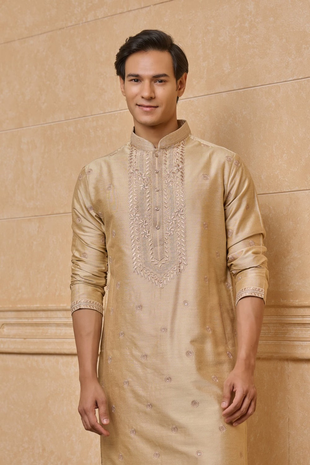 Beige All Over Embroidered Kurta Set