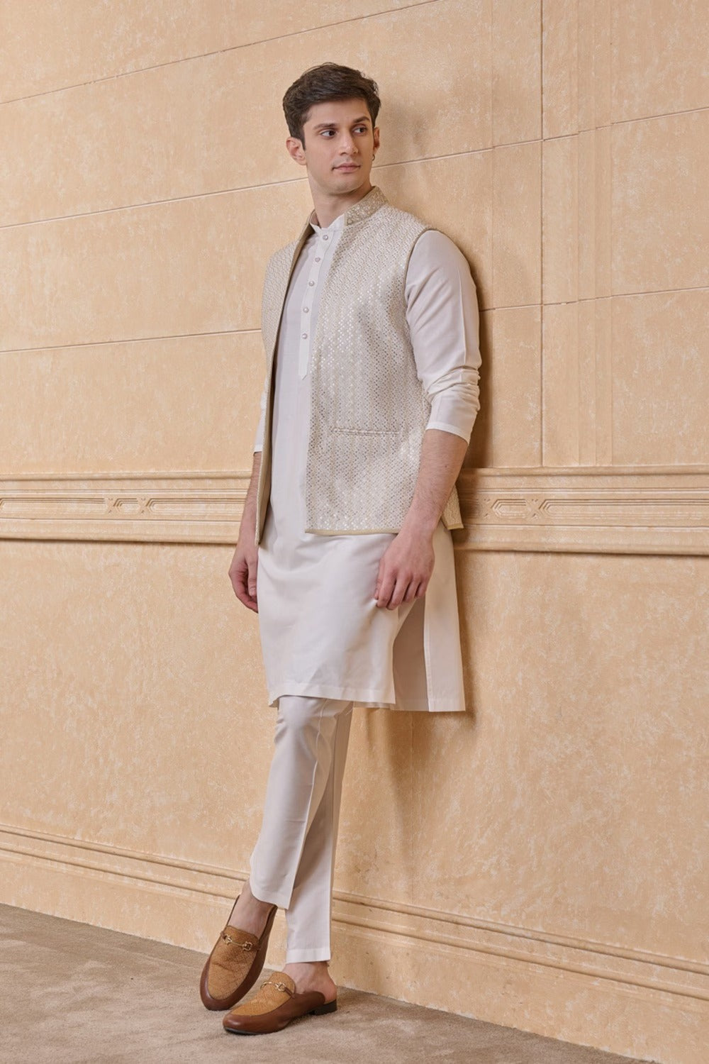 Ivory All Over Embroidered Kurta Bundi Set