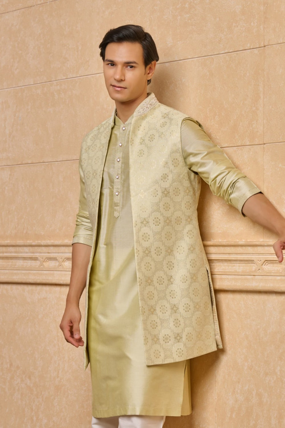 Light Green Long Open Kurta Bundi Set