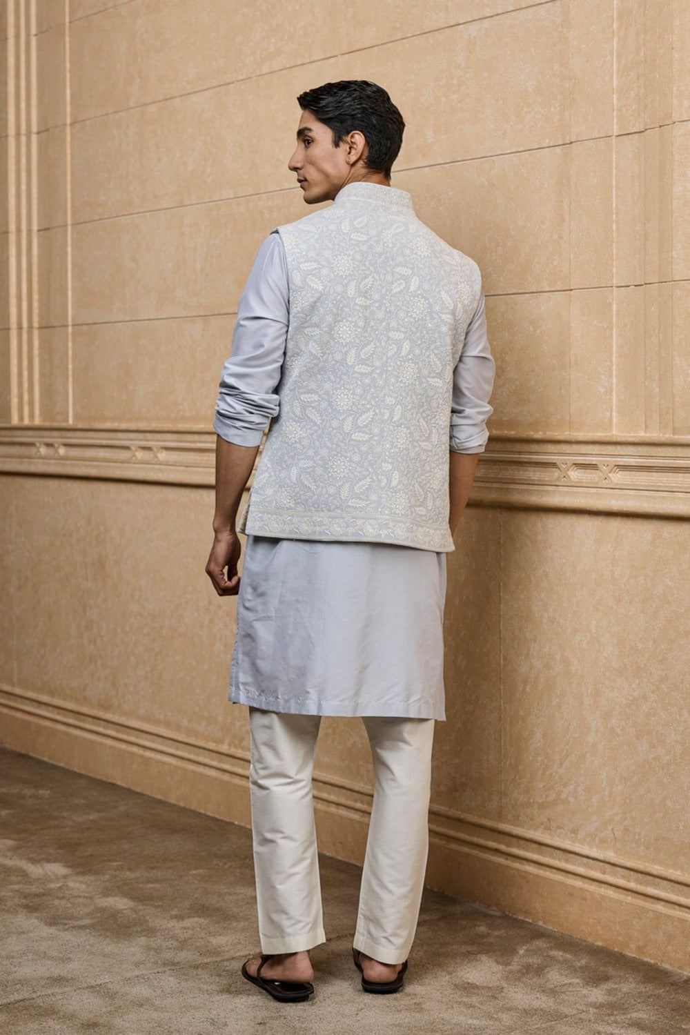 Light Blue Embroidered Kurta Bundi Set