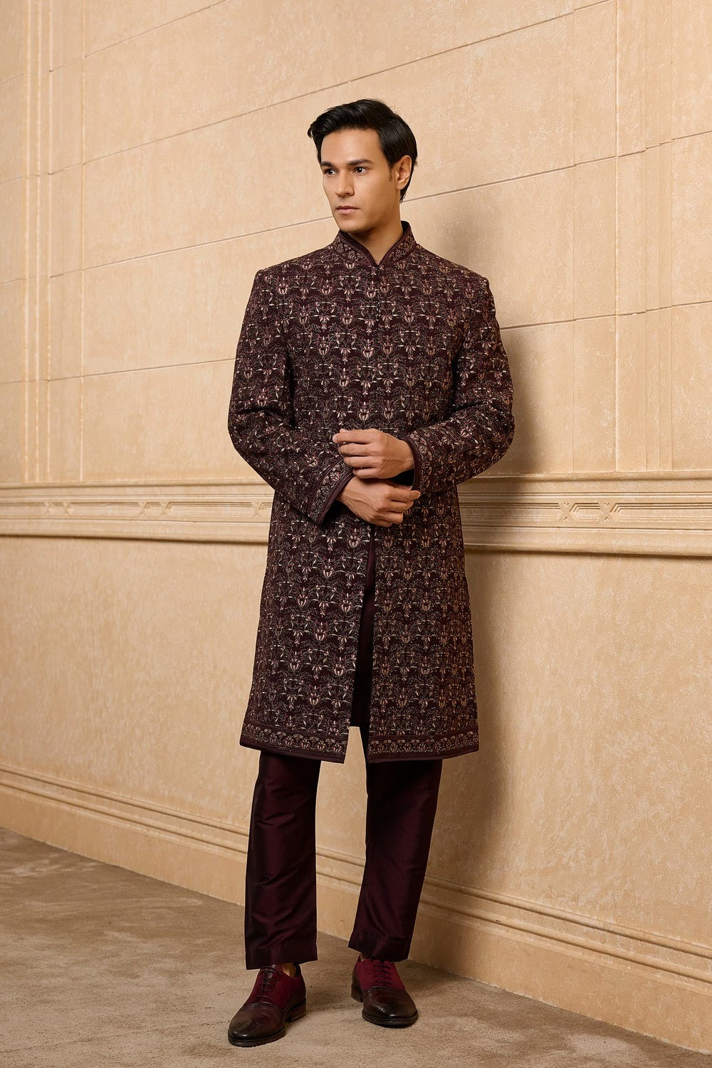 Wine Jacquard Sherwani Set