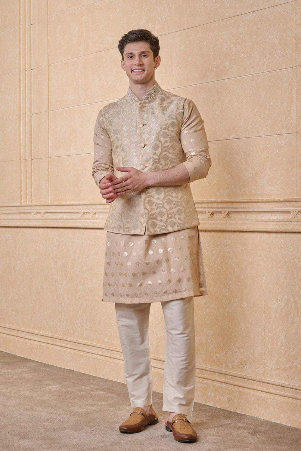 Gold Jacquard Kurta Bundi Set