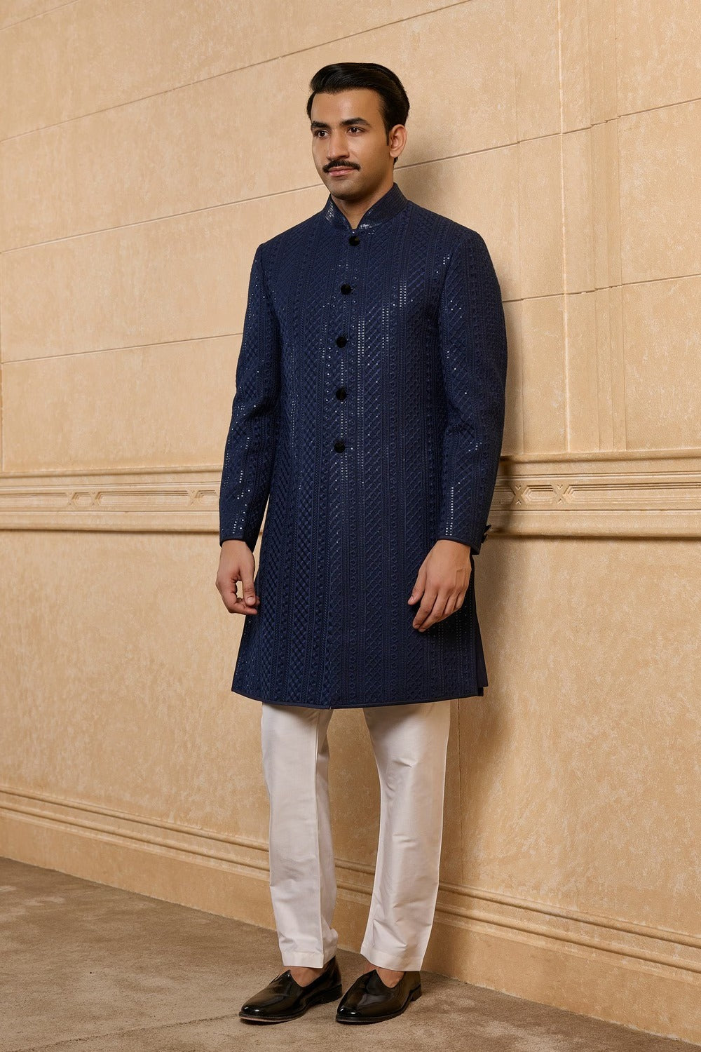 Navy Blue Linework Sherwani Set