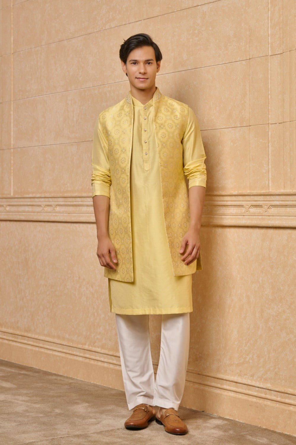 Yellow Long Open Kurta Bundi Set