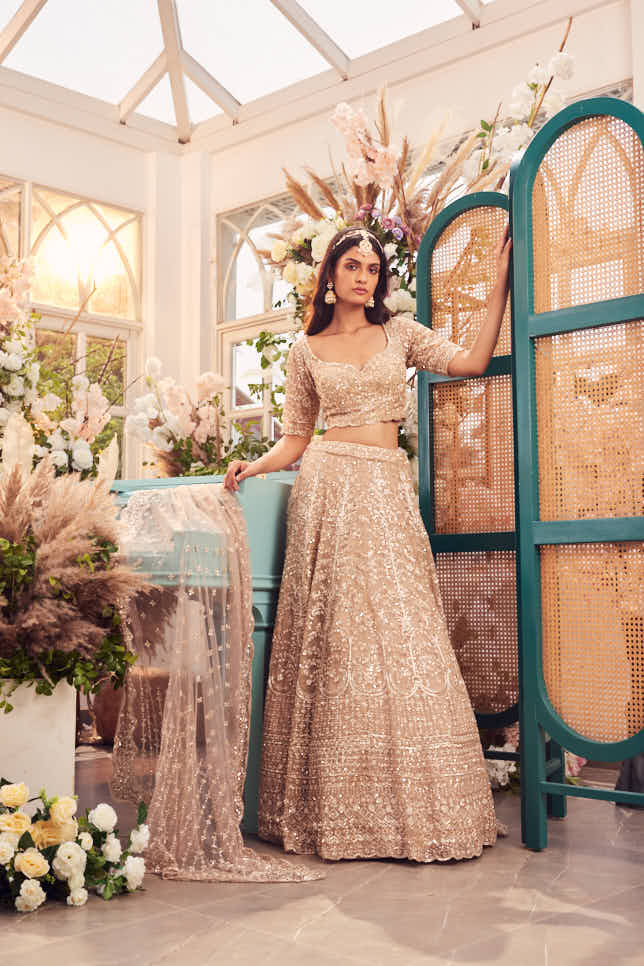 Gold organza hand embroidered lehenga