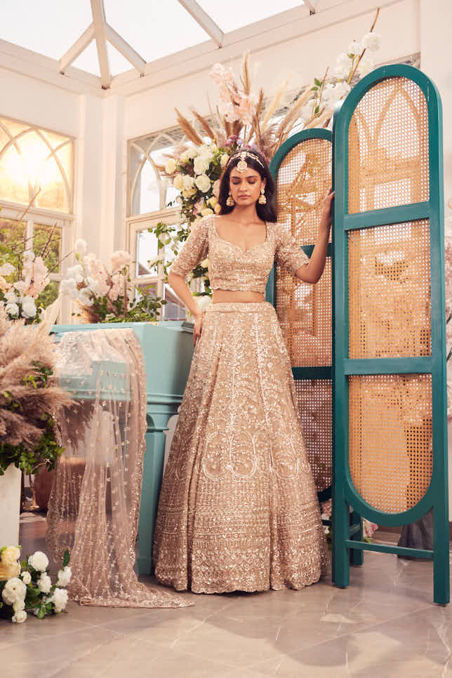 Gold organza hand embroidered lehenga