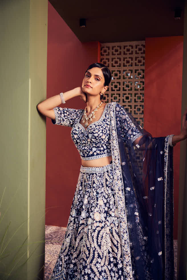 Navy blue heavily embellished lehenga