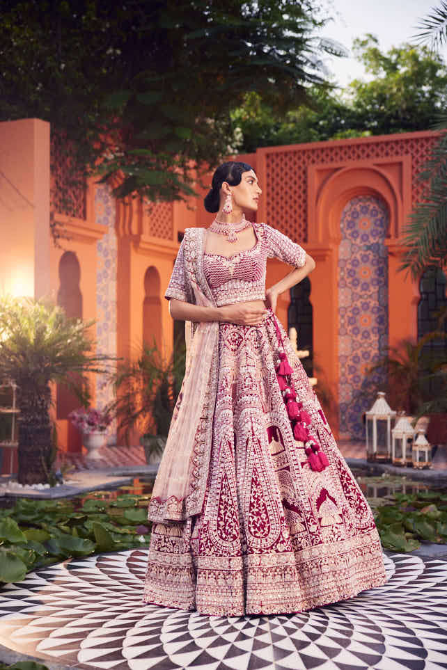 Maroon velvet hand embroidered lehenga