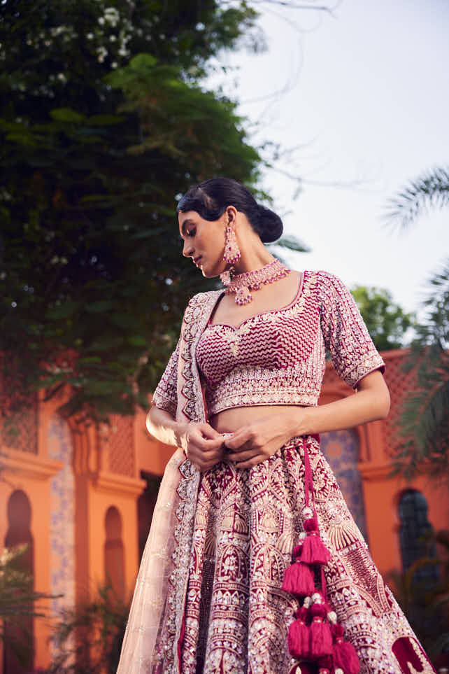 Maroon velvet hand embroidered lehenga