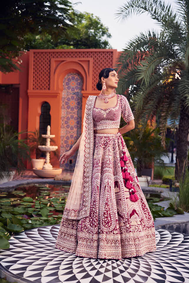 Maroon velvet hand embroidered lehenga