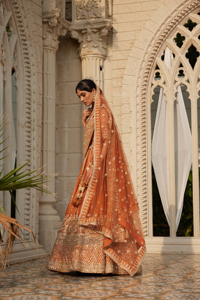 Rust embellished lehenga