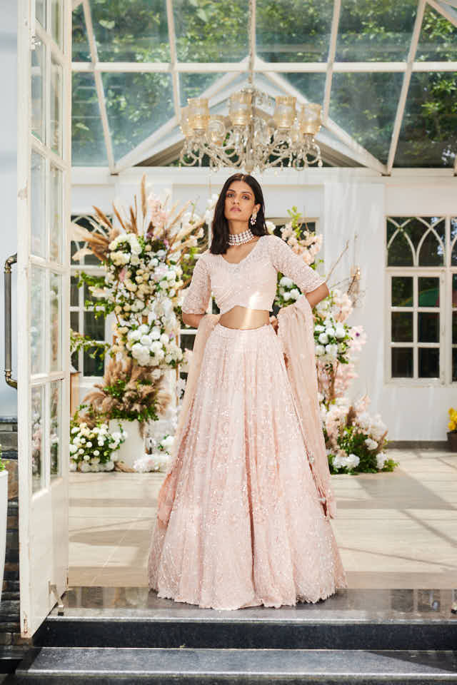 Pink organza  heavily embellished lehenga