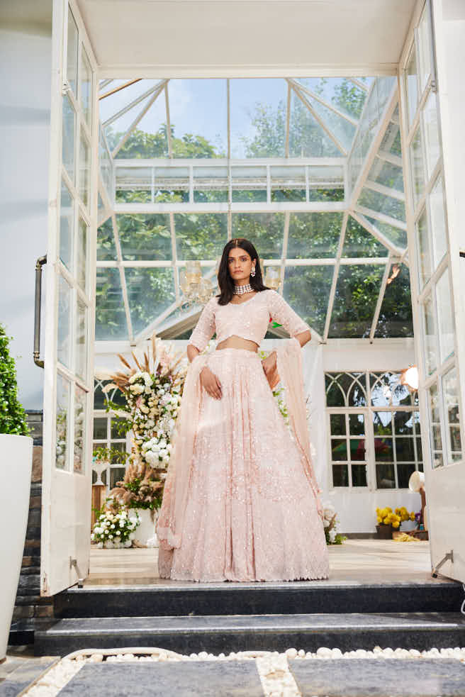 Pink organza  heavily embellished lehenga