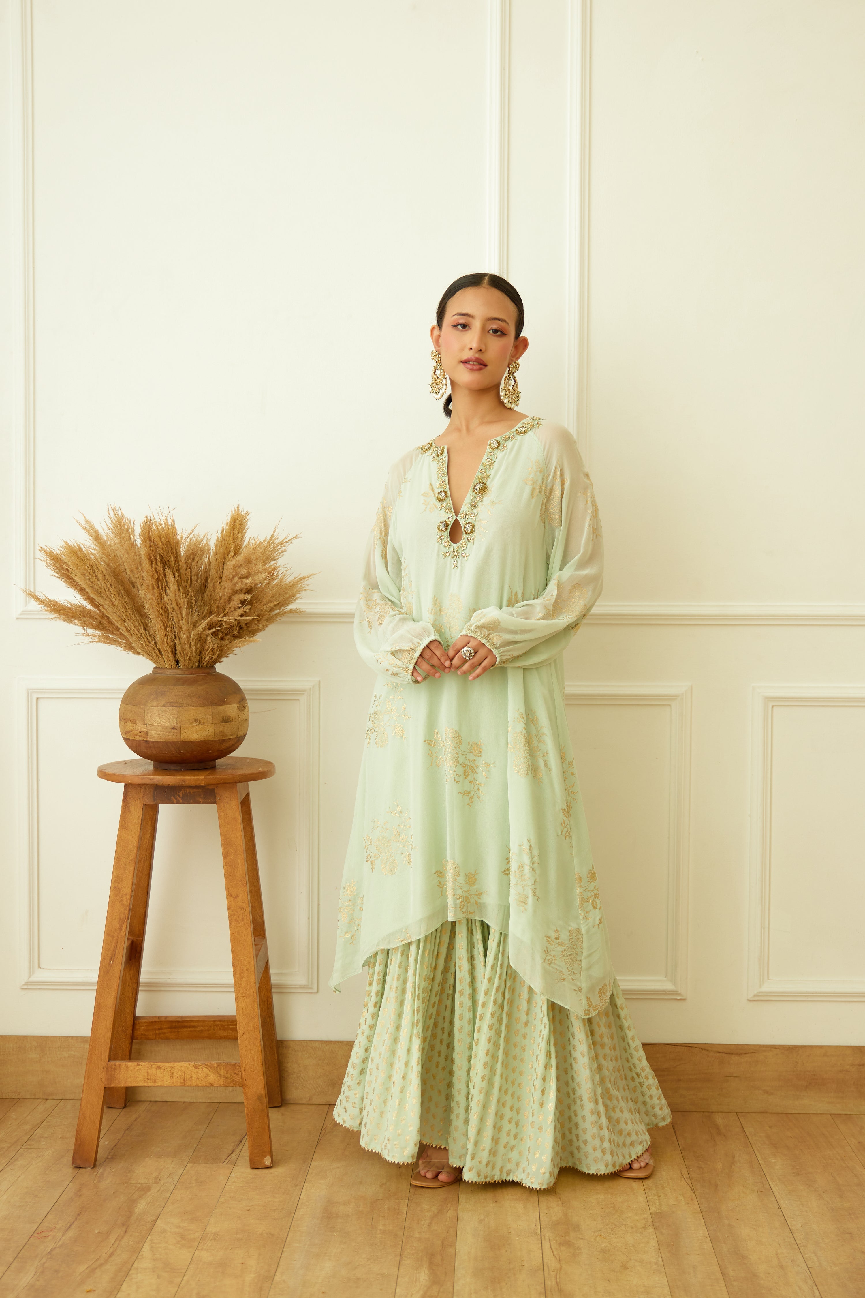 Mint Foil Embroidered Sharara Set