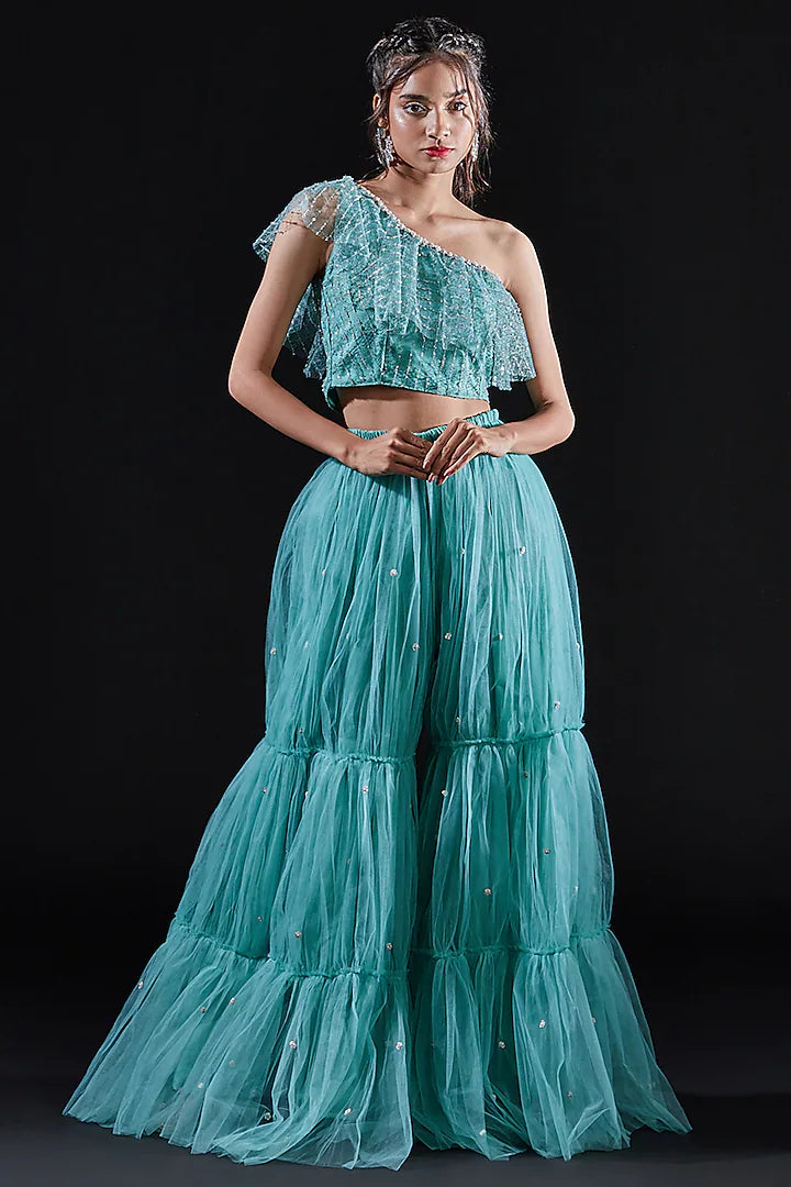 Blue Ruffled One Shoulder Crop Top