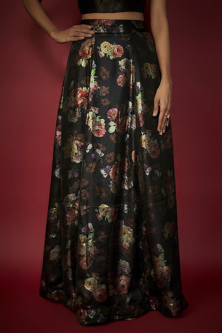 Black Satin Floral Printed Lehenga Set