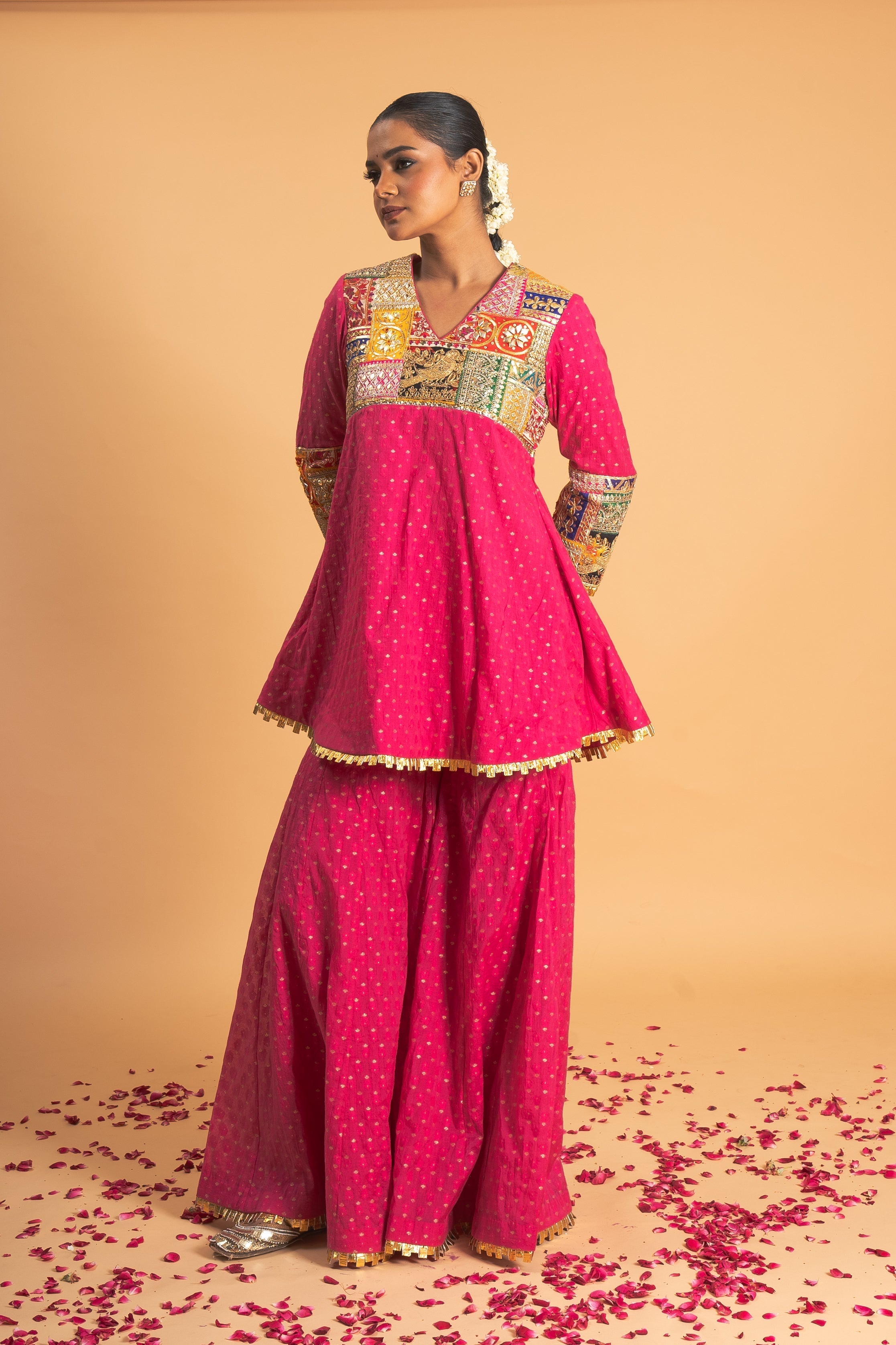 Pink Woven Chanderi Sharara Set