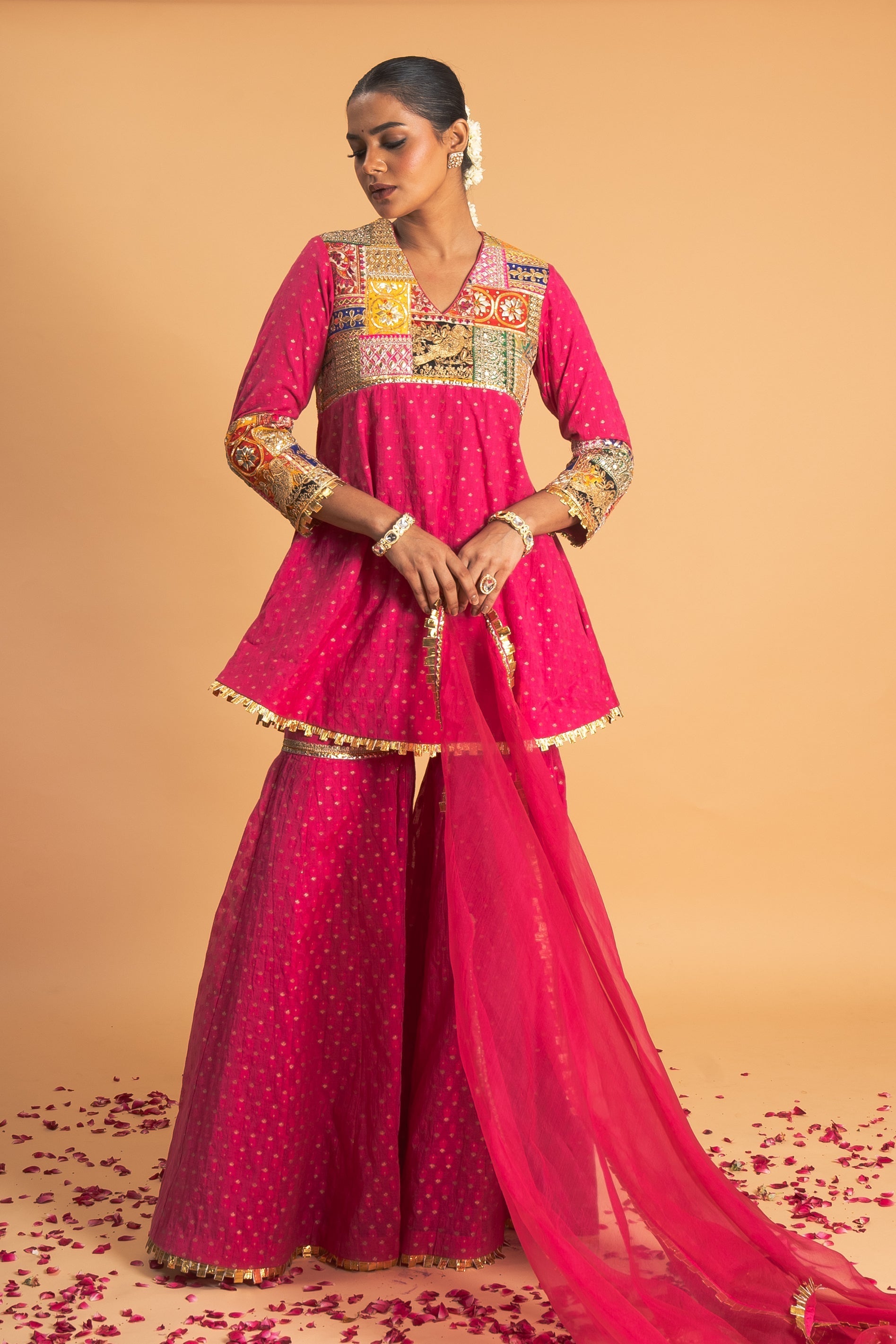 Pink Woven Chanderi Sharara Set