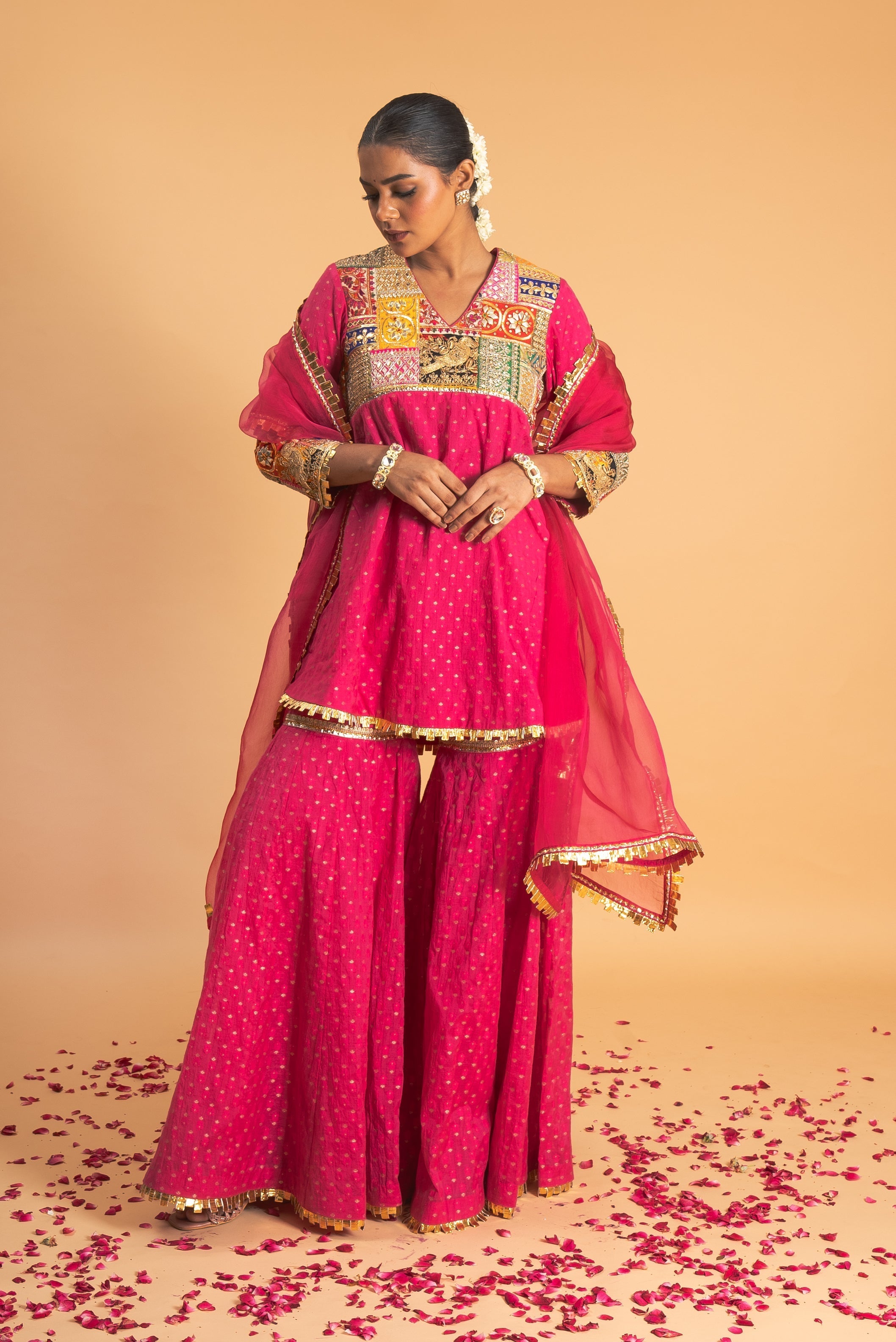 Pink Woven Chanderi Sharara Set