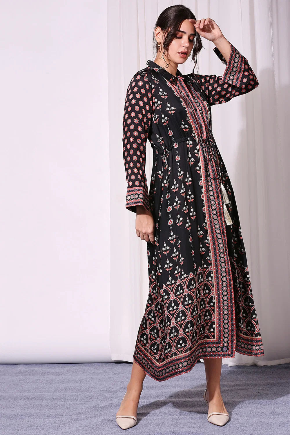 BLACK ETHNIC PRINTED DRESS SET