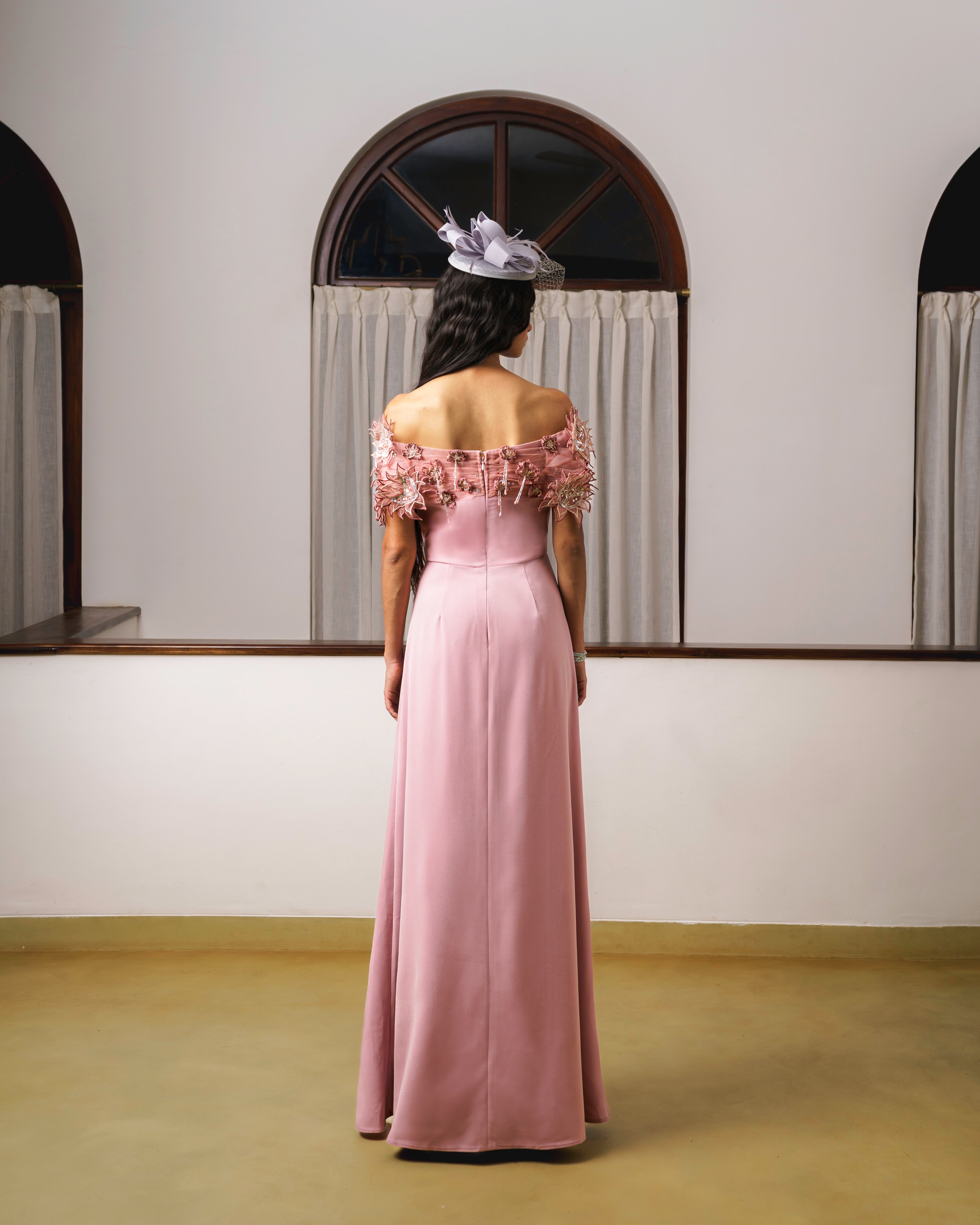 Off shoulder mermaid embroidered gown with lotus embellishments