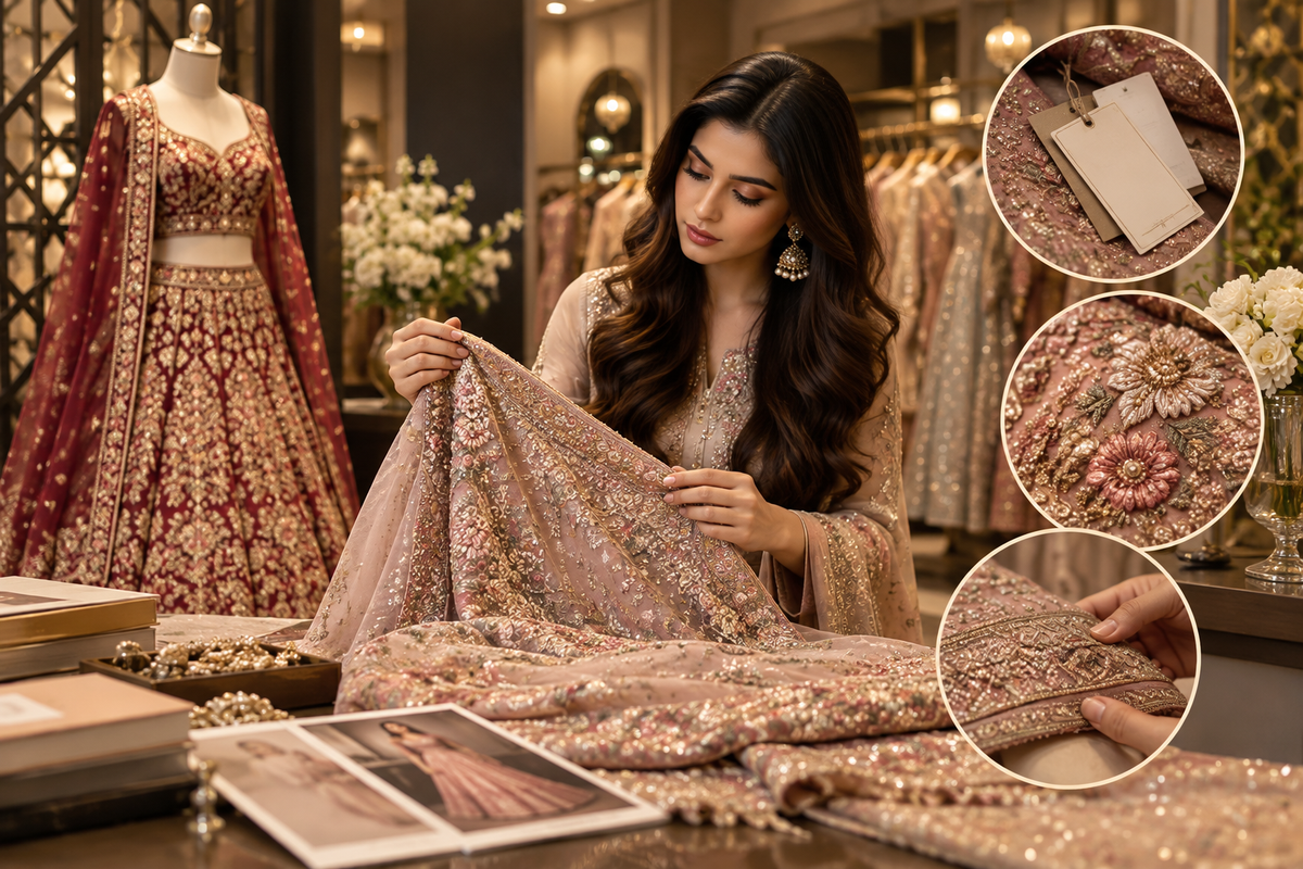 Woman inspecting embroidered designer wear in a luxury boutique with close-up details of fabric, labels, and craftsmanship.