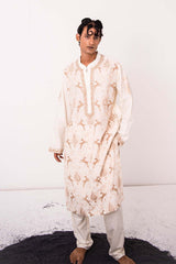 Chanderi Ivory Dancing Deer Kurta With Pants