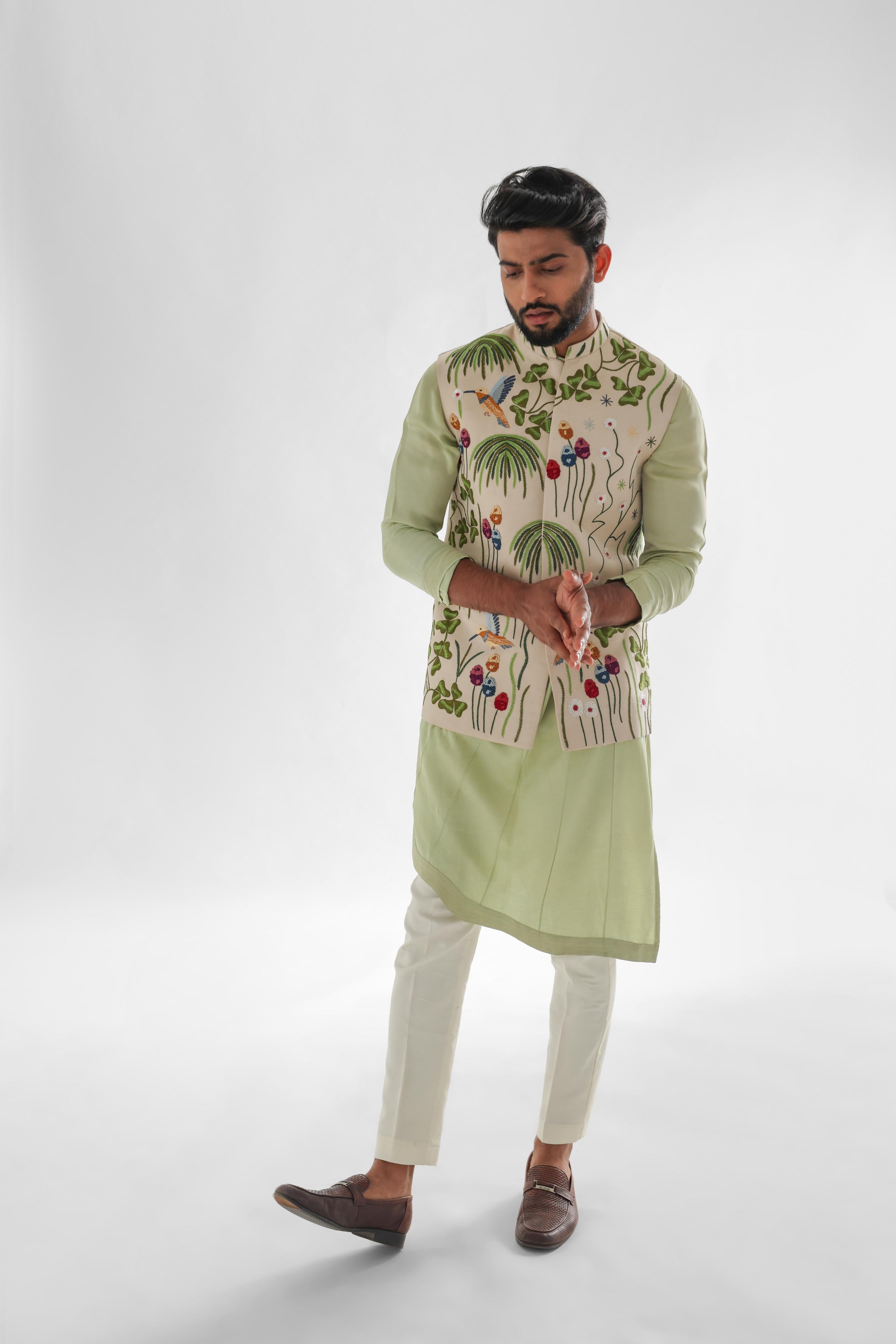 Woodpecker Cream Nehru Jacket Embroidered SET