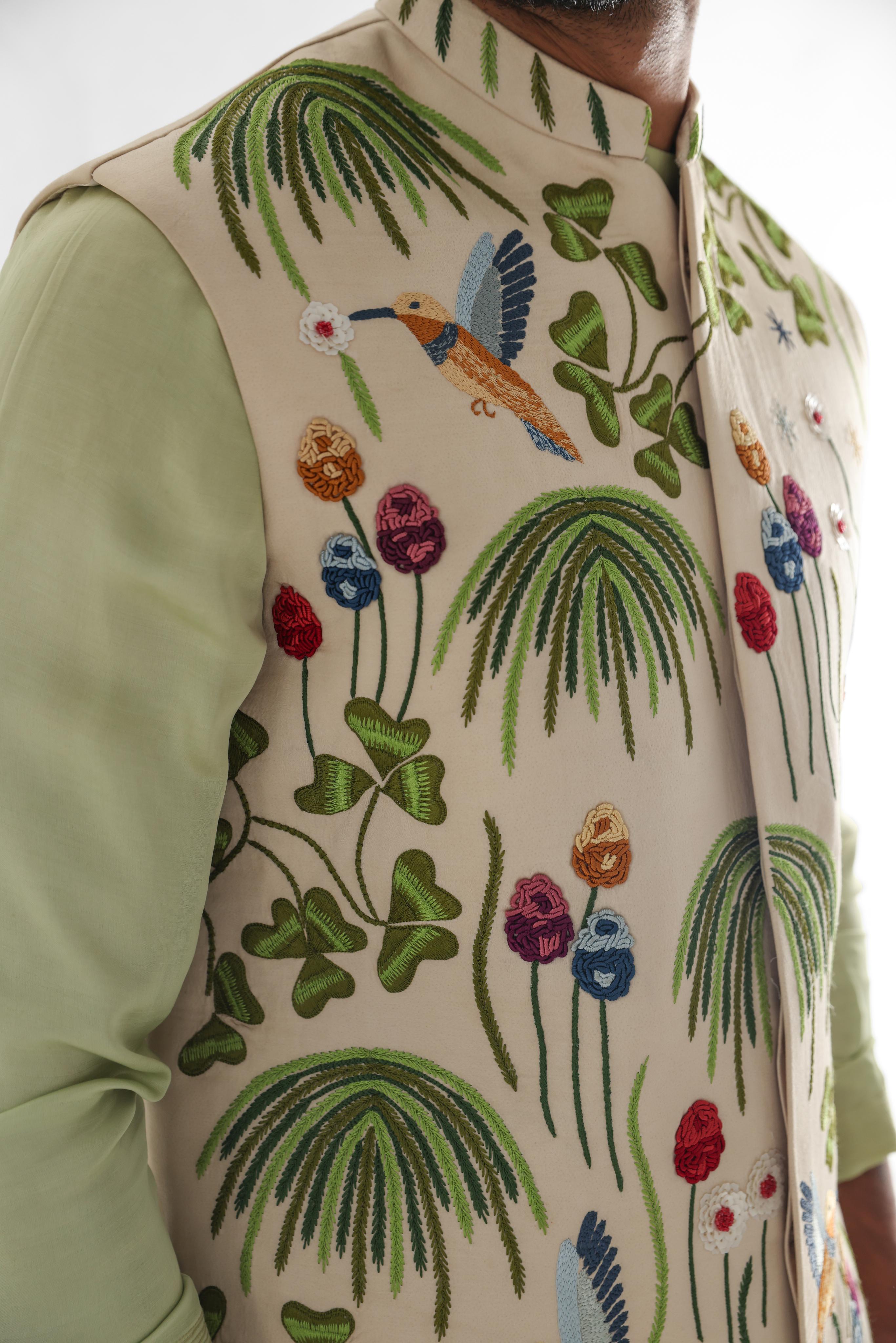 Woodpecker Cream Nehru Jacket Embroidered SET