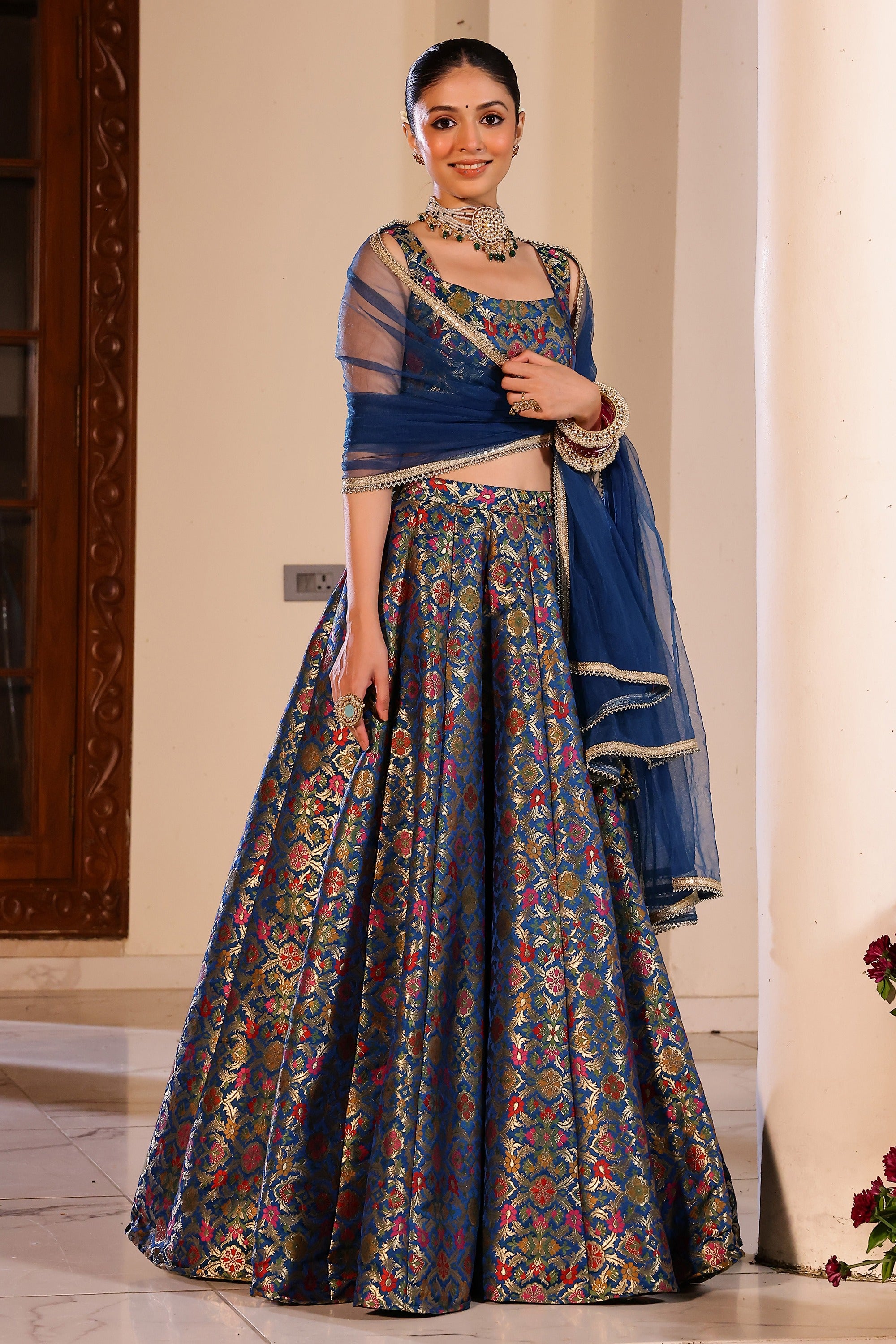 Kimkhab Blue Lehenga Set