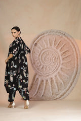 Black Slub Cotton 3-Piece Set with Harem Pants & Tribal Detailing