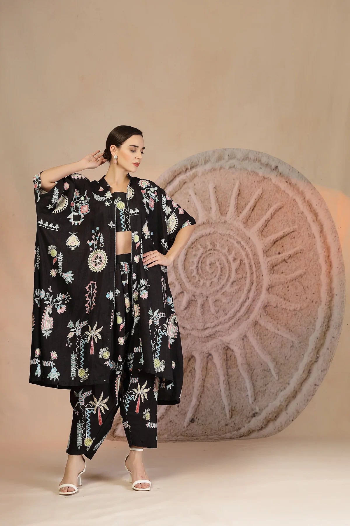 Black Slub Cotton 3-Piece Set with Harem Pants & Tribal Detailing