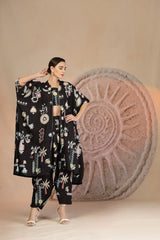 Black Slub Cotton 3-Piece Set with Harem Pants & Tribal Detailing