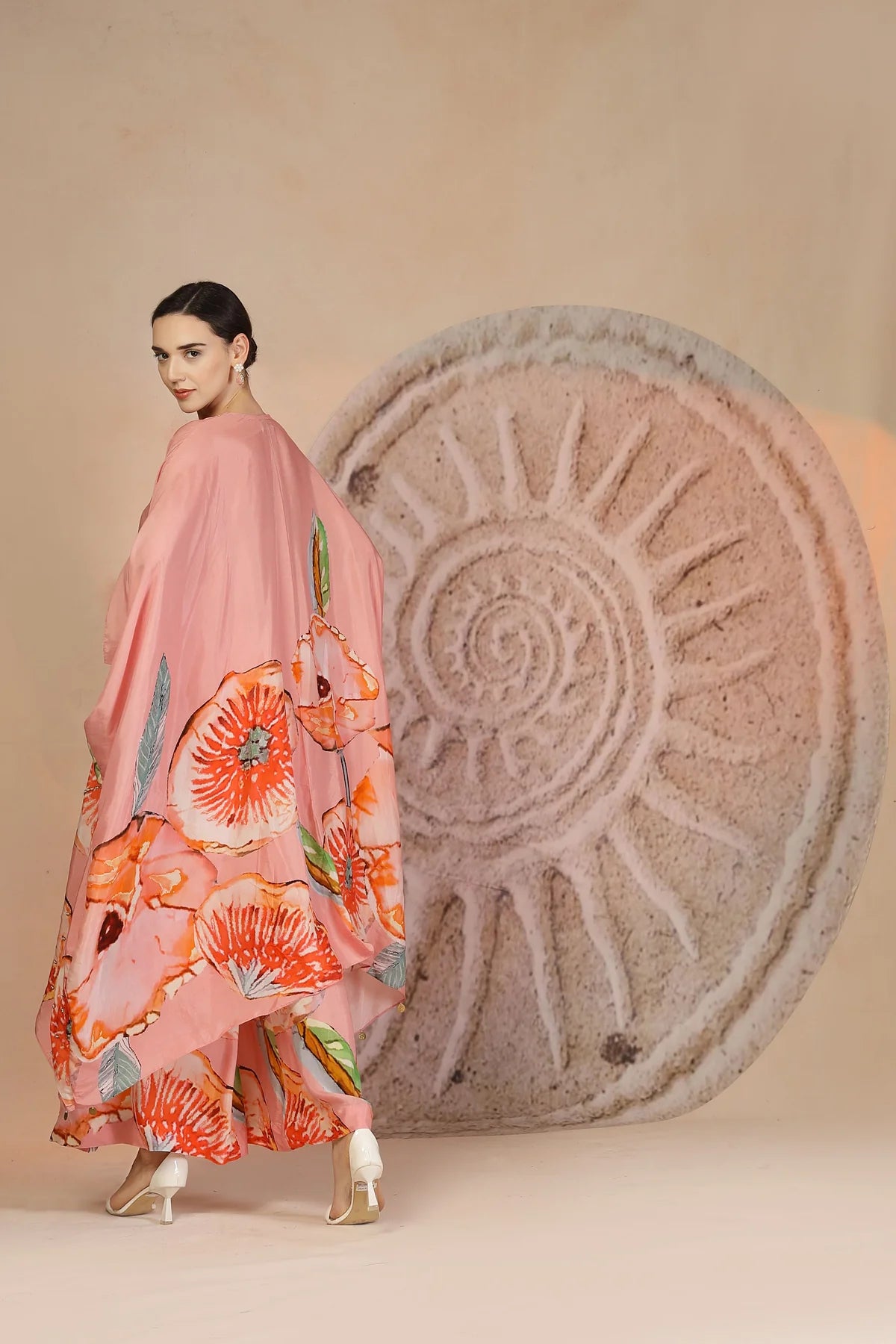 Pastel Pink Floral Muslin Silk Kaftan Set with Metal Beadwork