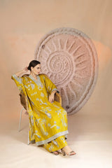 Mustard Yellow Slub Cotton Kaftan Set with Tribal Patchwork & Metallic Accents