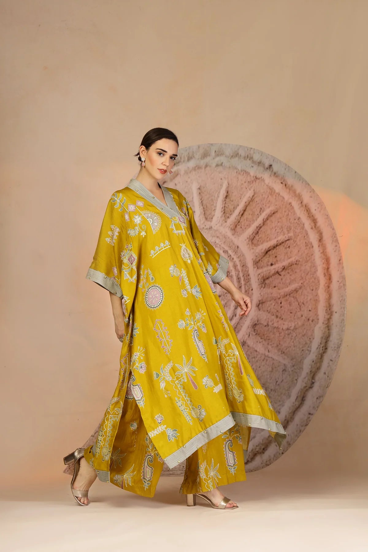 Mustard Yellow Slub Cotton Kaftan Set with Tribal Patchwork & Metallic Accents