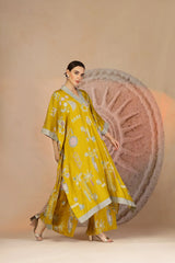 Mustard Yellow Slub Cotton Kaftan Set with Tribal Patchwork & Metallic Accents